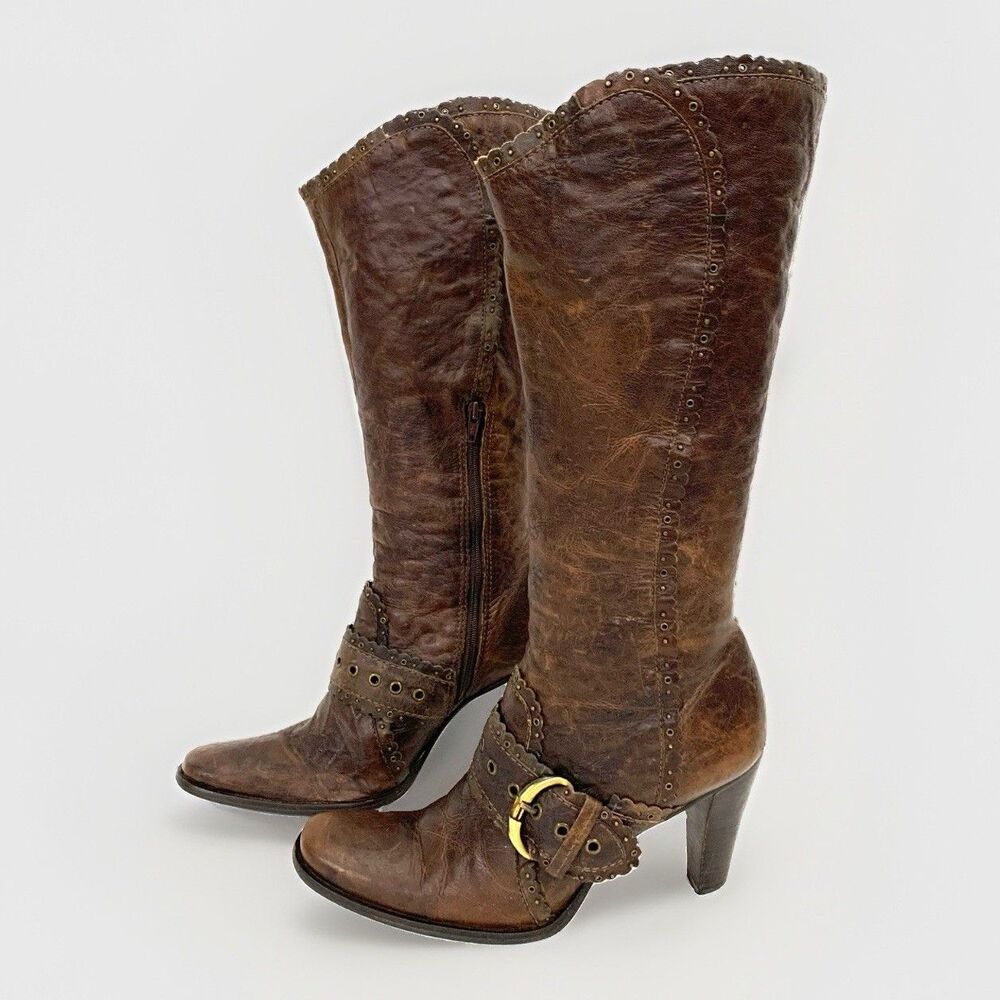 MATISSE BROWN CREASED LEATHER KNEE HI ZIP BOOTS MADE IN BRAZIL RARE SIZE US 7M